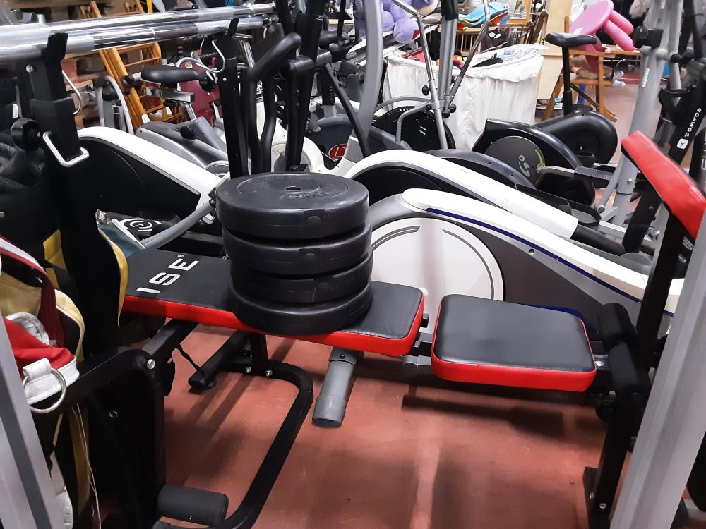 BANC DE MUSCULATION NOIR ROUGE 2 BARRE +7 POIDS 