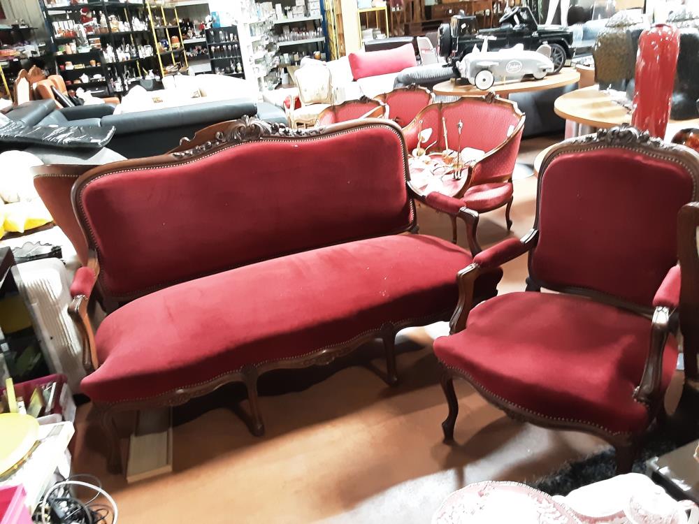 BANQUETTE BOIS TISSUS ROUGE + FAUTEUIL