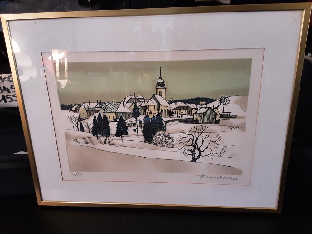 LITHOGRAPHIE PIERRE BICHET VILLAGE SOUS LA NEIGE