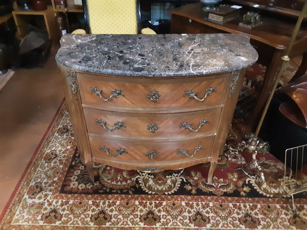 COMMODE 3T MARQUETÉ MARBRE ROSE +CLÉ 