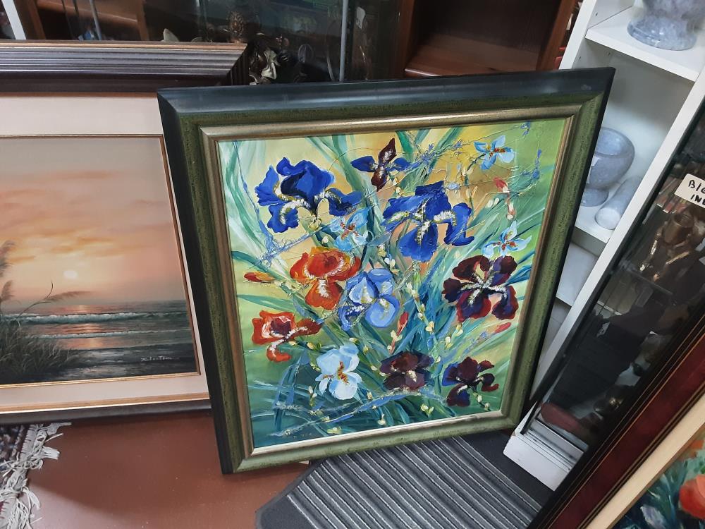 PEINTURE FLEURS BLEU SIGNÉ