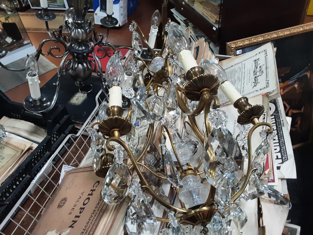 LUSTRE DORÉ BRONZE PAMPILLES 6 FEUX