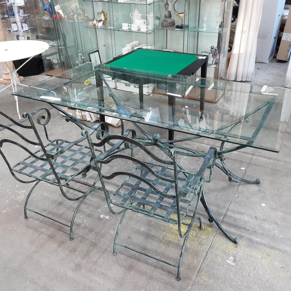 TABLE EN VERRE ET FER FORGE + 6 FAUTEUILS