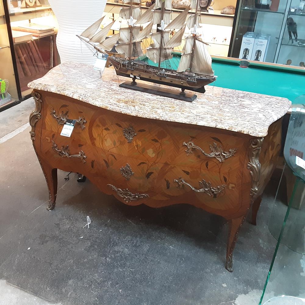 COMMODE 2 TIROIRS MARQUETE DESSUS MARBRE 