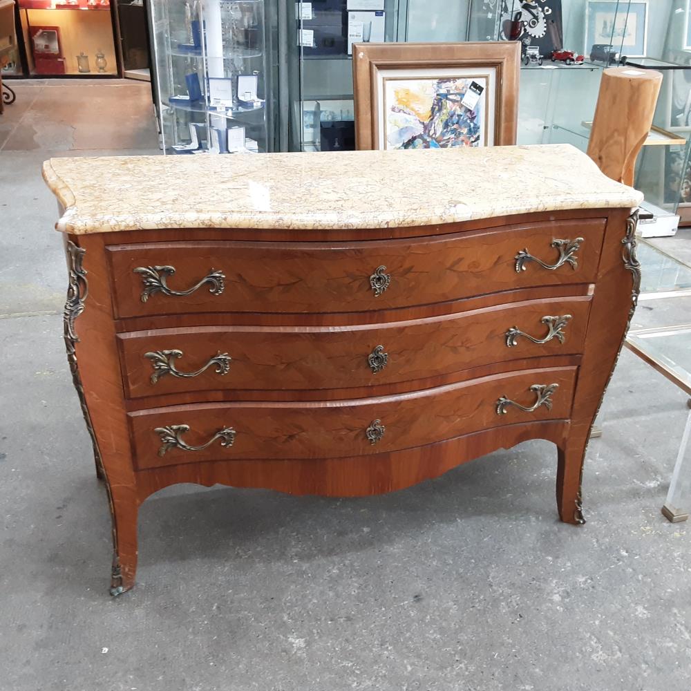 COMMODE 3 TIROIRS MARQUETE DESSUS MARBRE 