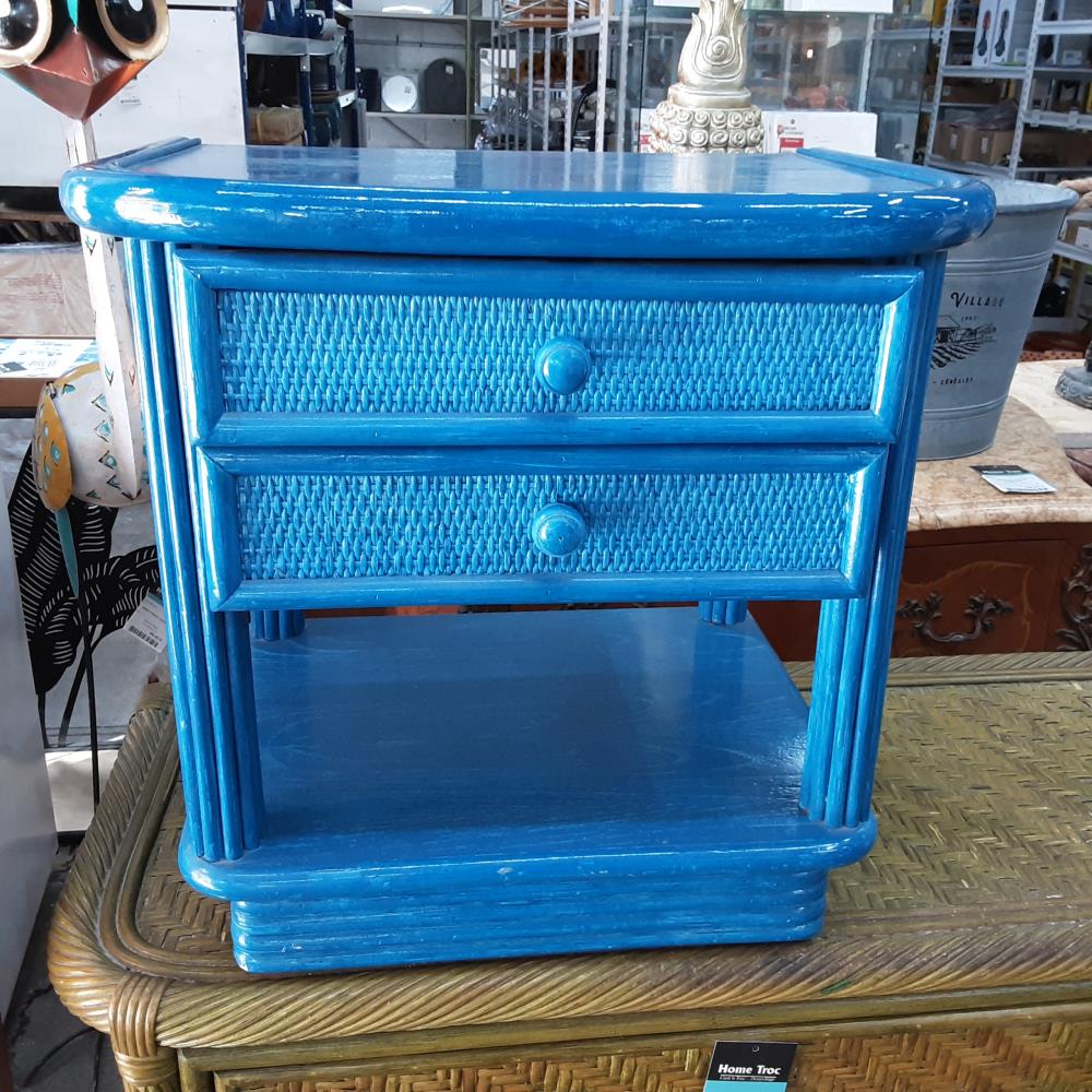 CHEVET 2 TIROIRS ROTIN BLEU 