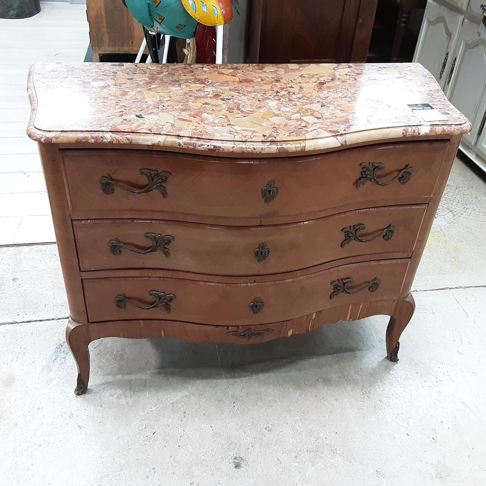 COMMODE MARQUETE 3 TIROIRS DESSUS MARBRE 