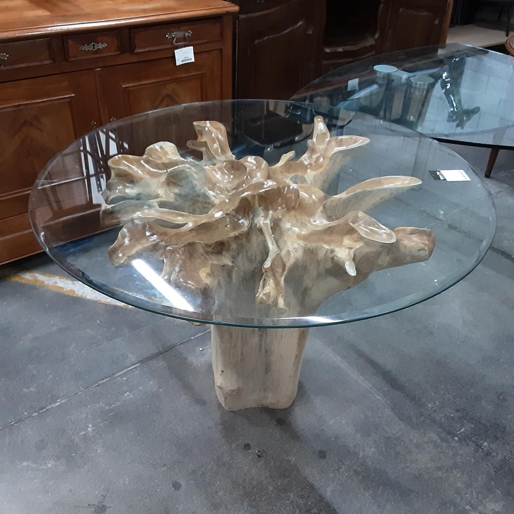 TABLE RACINE TECK PLATEAU VERRE 120CM EBRECHE