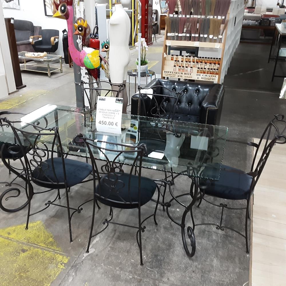TABLE FER FORGE DESSUS VERRE + 4 CHAISES + 2 FAUTEUILS 