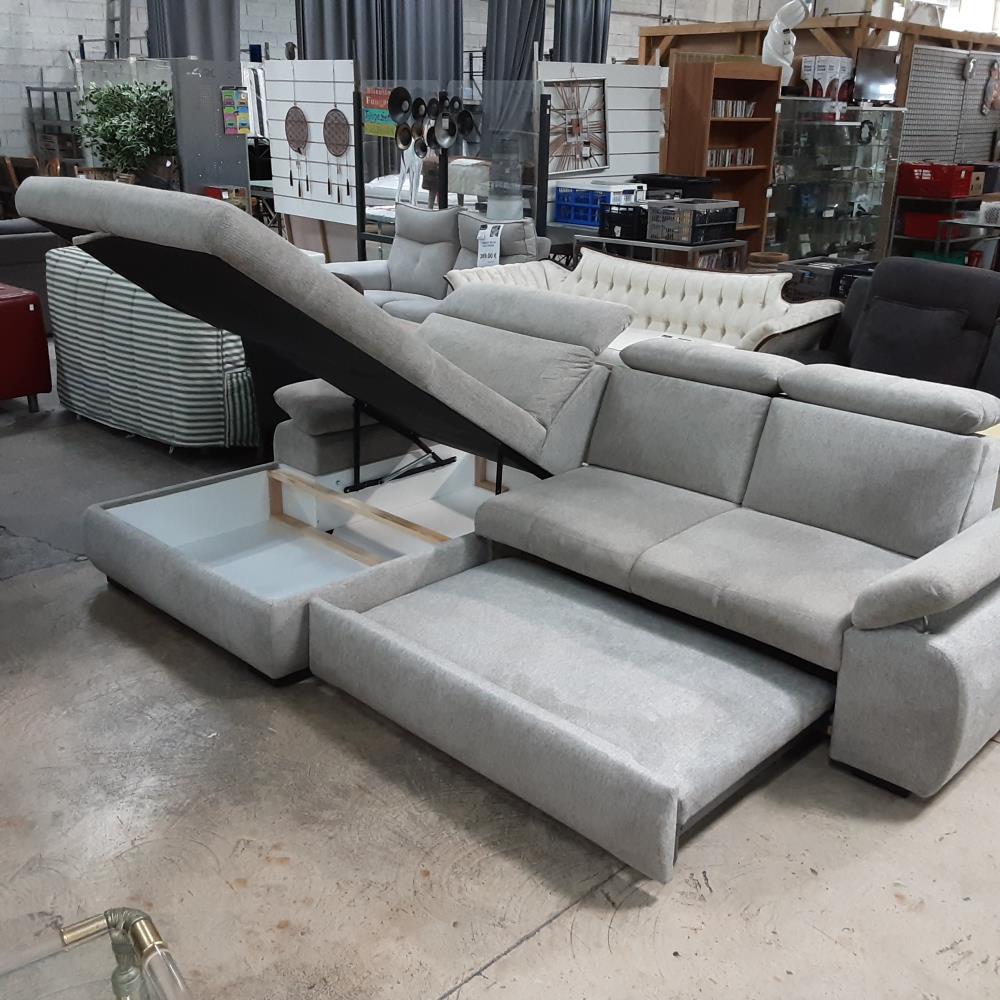 CANAPÉ D'ANGLE GRIS CONVERTIBLE +COFFRE