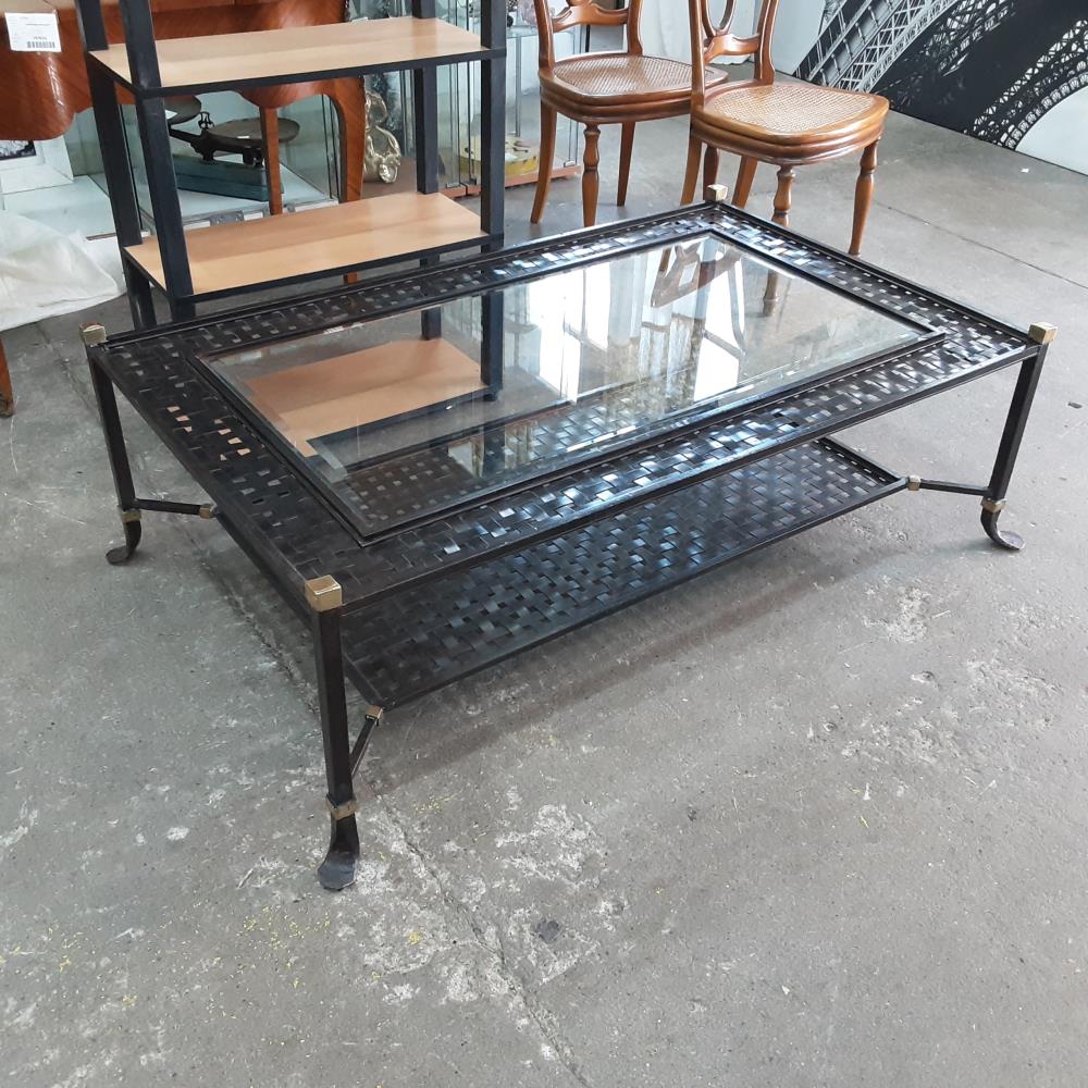 TABLE BASSE FER FORGE DESSUS VERRE 