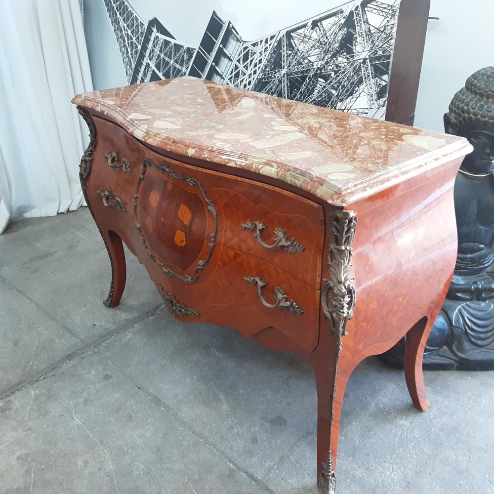 COMMODE MARQUETEE 2 TIROIRS DESSUS MARBRE 