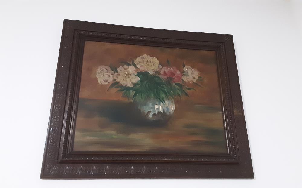 PEINTURE HUILE SUR BOIS BOUQUET DE PIVOINE